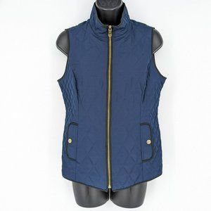 Charter Club Quilted Puffer Vest Petite S Navy Blue Black Gold Zip Elastic Back